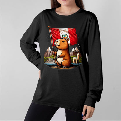 Cute Capybara Shirt, Funny Capybara Unisex T-Shirt/Hoodie/Sweatshirt HLT00 - Peruvian Capybara Peru Flag - Ronsoco Fiestas Patrias T-Shirt