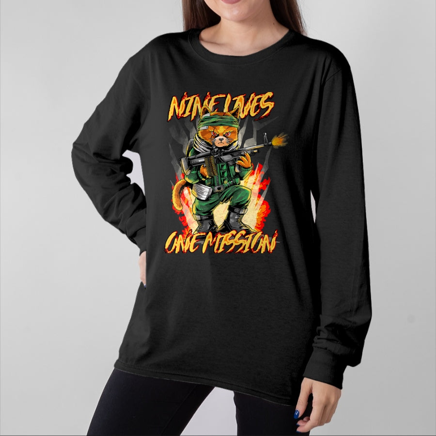 Cat Love Shirt, Funny Cat Lover Gift UnisexT-Shirt/Hoodie/Sweatshirt HLT00 - Nine Lives One Mission Cat with M60 Machine Gun Graphic T-Shirt