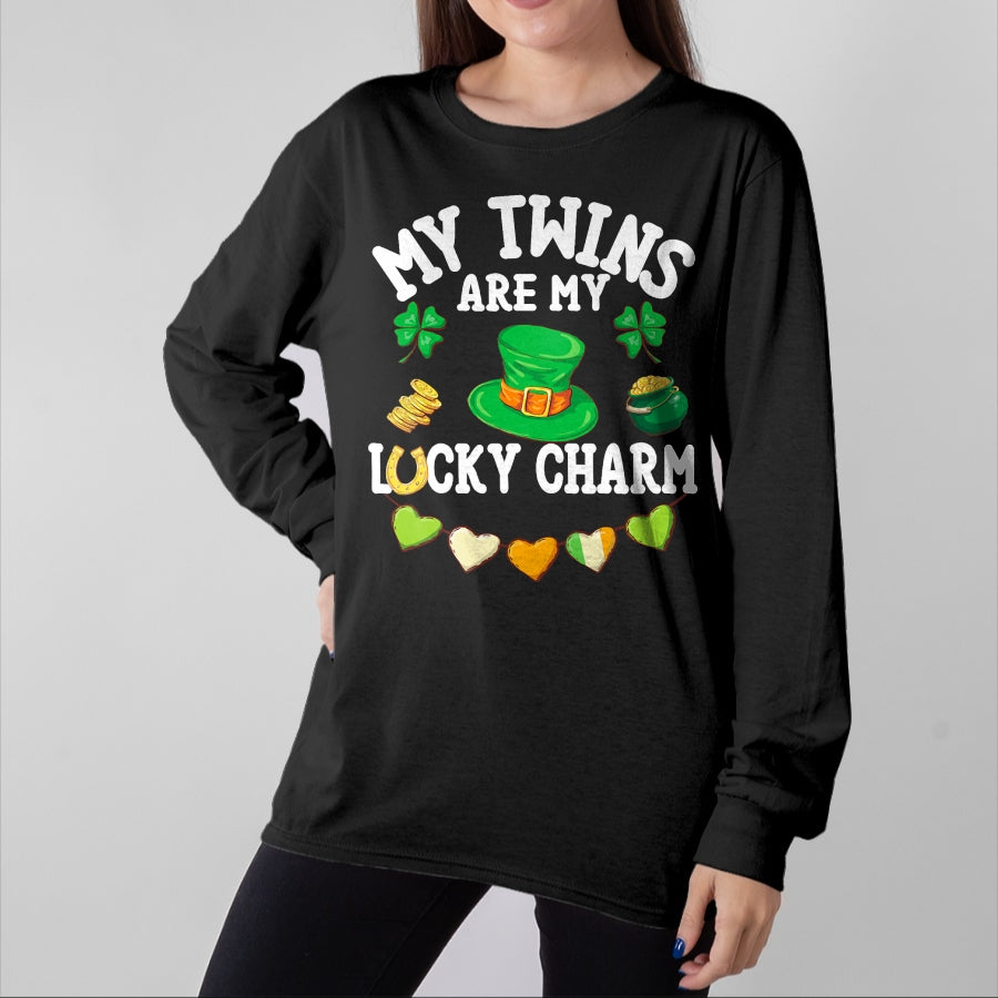 Gift for Mom Shirt, Funny Mom Unisex T-Shirt/Hoodie/Sweatshirt HLT00 - My Twins Are My Lucky Charm St Patricks Day Twin Mom and Dad T-Shirt