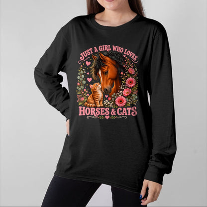 Cat Love Shirt, Funny Cat Lover Gift UnisexT-Shirt/Hoodie/Sweatshirt HLT00 - Just a Girl Who Loves Horses and Cats Floral Animal Lover T-Shirt