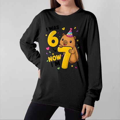 Cute Capybara Shirt, Funny Capybara Unisex T-Shirt/Hoodie/Sweatshirt HLT00 - I was 6 Now Im 7 Capybara 7th Birthday Party Cute 67 T-Shirt