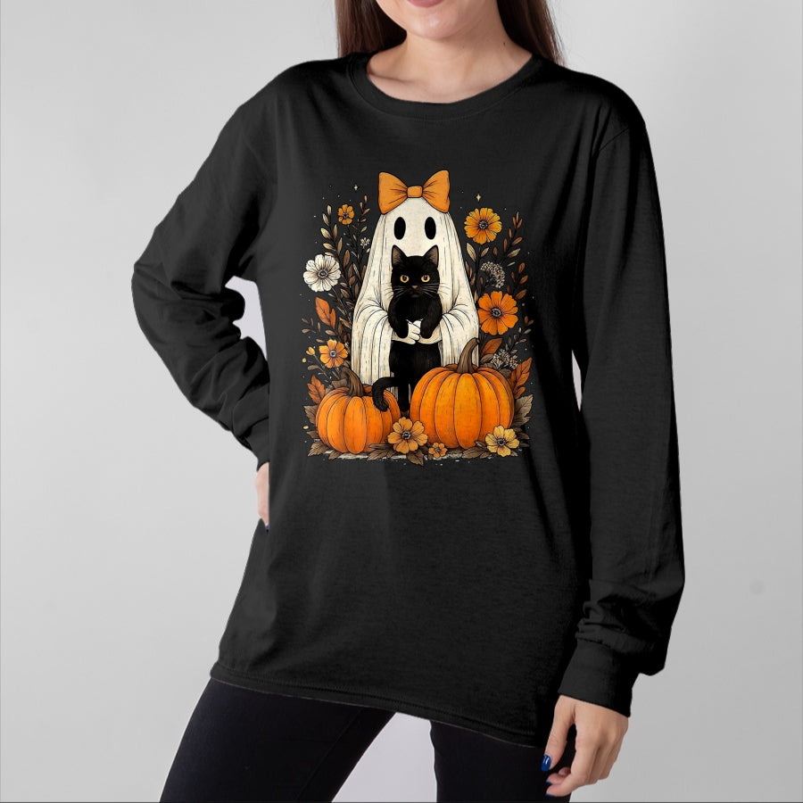 Cat Love Shirt, Funny Cat Lover Gift UnisexT-Shirt/Hoodie/Sweatshirt HLT00 - Vintage Halloween Ghost Holding Black Cat Groovy Floral T-Shirt, Women_s Plus, Black, 2X