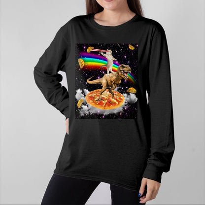 Cat Love Shirt, Funny Cat Lover Gift UnisexT-Shirt/Hoodie/Sweatshirt HLT00 - Galaxy Laser Cat on Dinosaur on Pizza with Tacos & Rainbow T-Shirt