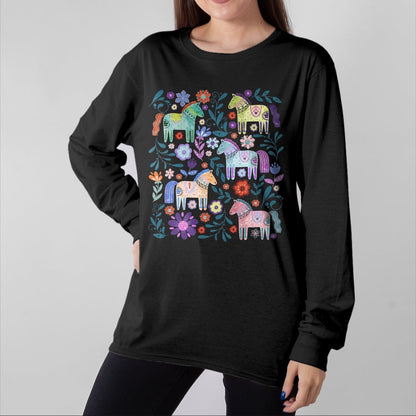 Best Horse Lover Shirt , Funny Horse UnisexT-Shirt/Hoodie/Sweatshirt HLT00 - Cottagecore Dala Horse Scandinavian Folk Art Floral Animals T-Shirt