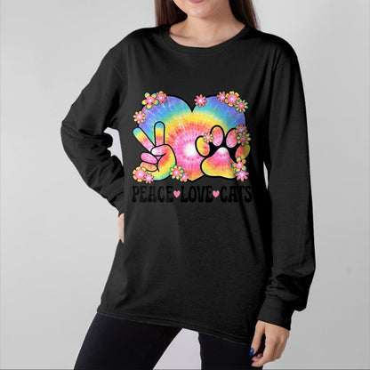 Cat Love Shirt, Funny Cat Lover Gift UnisexT-Shirt/Hoodie/Sweatshirt HLT00 - Peace Love Cats Owner 60s 70s Hippie Outfit Cute Cat Lover Men Women Kids T-Shirt