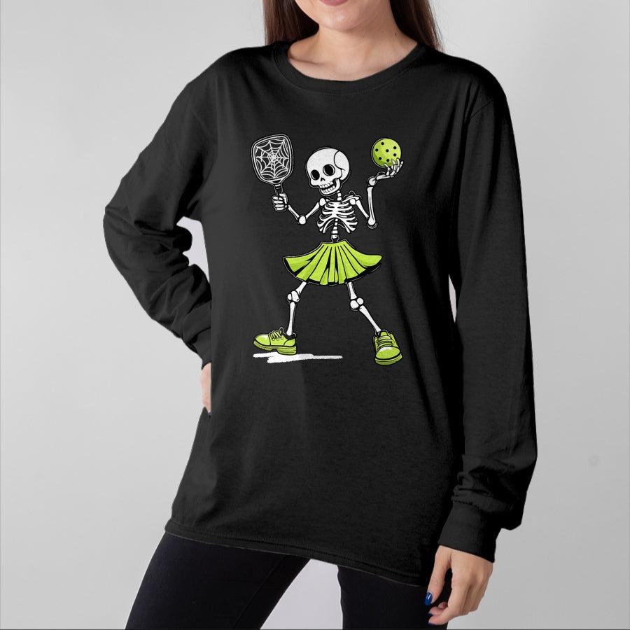Funny Pickleball Shirt, Pickleball Lover Unisex T-Shirt/Hoodie/Sweatshirt HLT00 - Spooky Pickleball Halloween Skeleton Costume Women T-Shirt