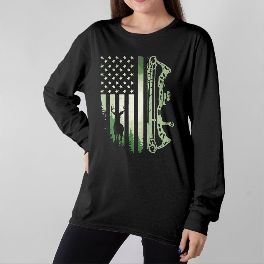Funny Hunting Shirt, Gift For Hunting Lover Unisex T-Shirt/Hoodie/Sweatshirt HLT00 - Patriotic Bowhunting USA Flag Bow Archery Deer Hunting Wild T-Shirt