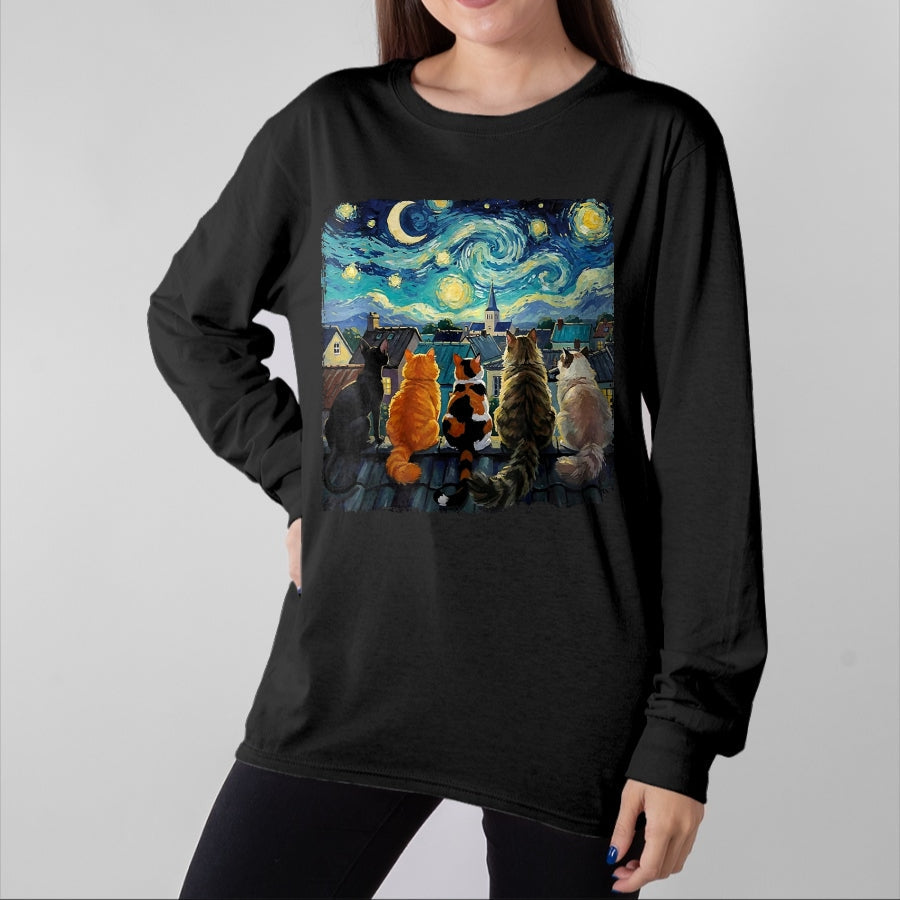 Cat Love Shirt, Funny Cat Lover Gift UnisexT-Shirt/Hoodie/Sweatshirt HLT00 - Funny Cat Starry Night Van Gogh Cats Rooftop Scene Feline T-Shirt, Women, Black, 3X-Large