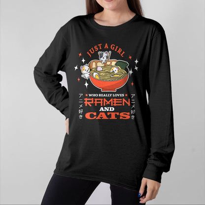Cat Love Shirt, Funny Cat Lover Gift UnisexT-Shirt/Hoodie/Sweatshirt HLT00 - Just a girl who really loves Ramen and cats Design T-Shirt (1)
