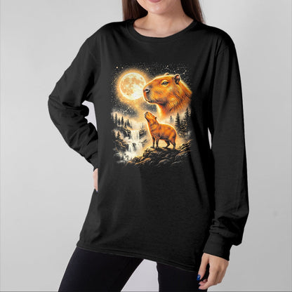 Cute Capybara Shirt, Funny Capybara Unisex T-Shirt/Hoodie/Sweatshirt HLT00 - Capybara Howling At The Moon Forest Waterfall Art T-Shirt
