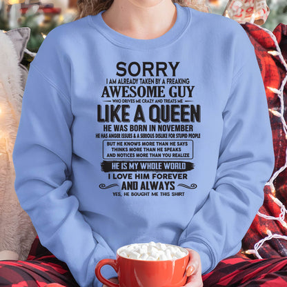 November - Sorry I am already taken by a freaking awesome guy - Gift for Wife From Husband - TLEE11 (SKU08-25-11)