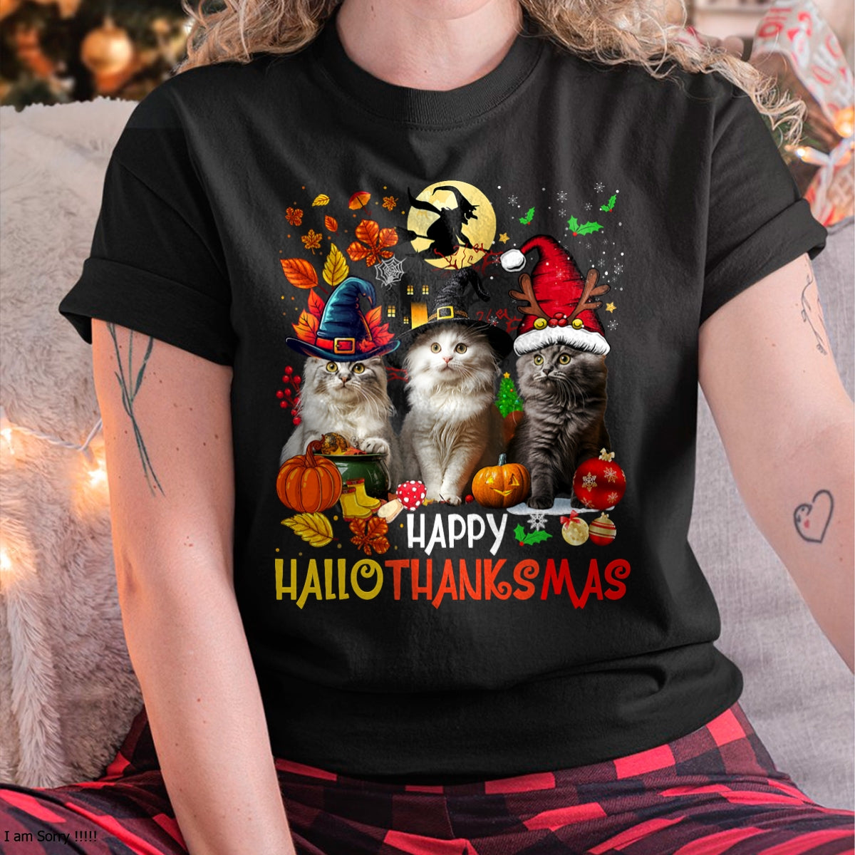 Hallowen Shirts for Family, Funny hallowen shirts, Hallowen Unisex T-Shirt/Hoodie/Sweatshirt HLT00 - Halloween Thanksgiving Christmas Happy HalloThanksMas Cats T-Shirt