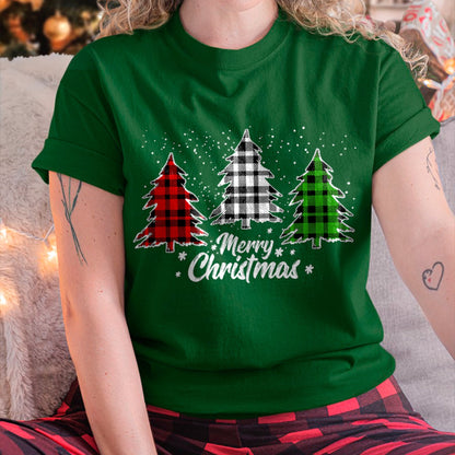Merry Christmas Tree Xmas Buffalo Plaid Red White Green T-Shirt (SKU-MRCM-22) FMA