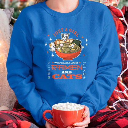 Cat Love Shirt, Funny Cat Lover Gift UnisexT-Shirt/Hoodie/Sweatshirt HLT00 - Just a girl who really loves Ramen and cats Design T-Shirt (1)