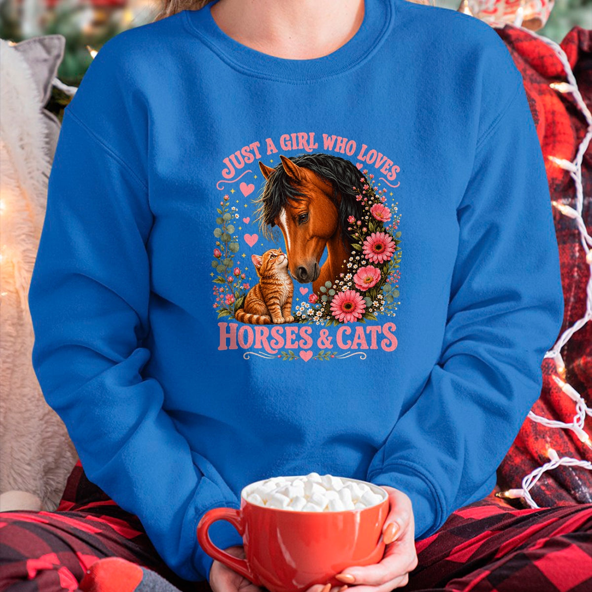 Cat Love Shirt, Funny Cat Lover Gift UnisexT-Shirt/Hoodie/Sweatshirt HLT00 - Just a Girl Who Loves Horses and Cats Floral Animal Lover T-Shirt