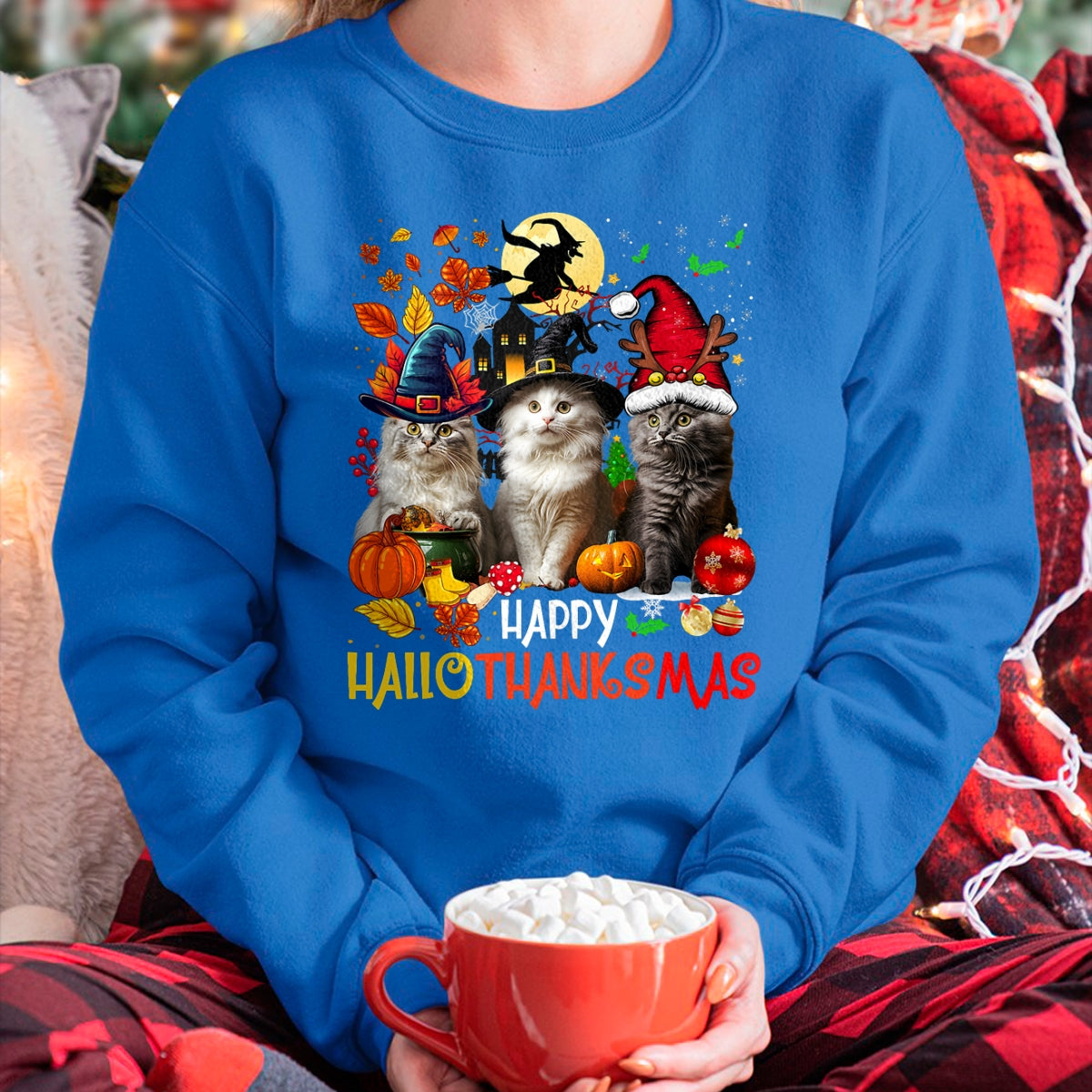 Hallowen Shirts for Family, Funny hallowen shirts, Hallowen Unisex T-Shirt/Hoodie/Sweatshirt HLT00 - Halloween Thanksgiving Christmas Happy HalloThanksMas Cats T-Shirt