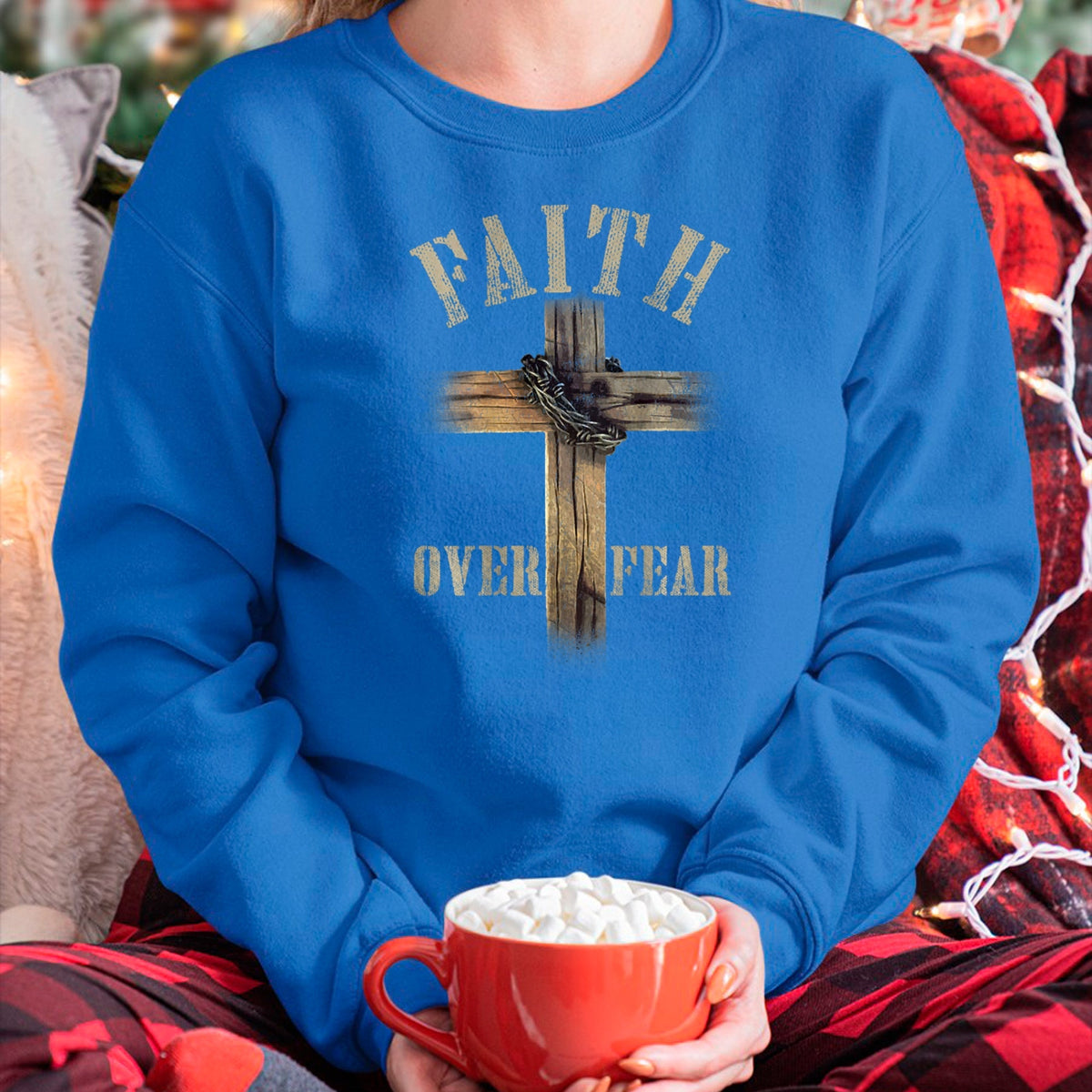 Christian Tee, Christian Faith Unisex T-Shirt/Hoodie/Sweatshirt HLT00 - Faith Over Fear American Christian Cross God Jesus (on back) T-Shirt