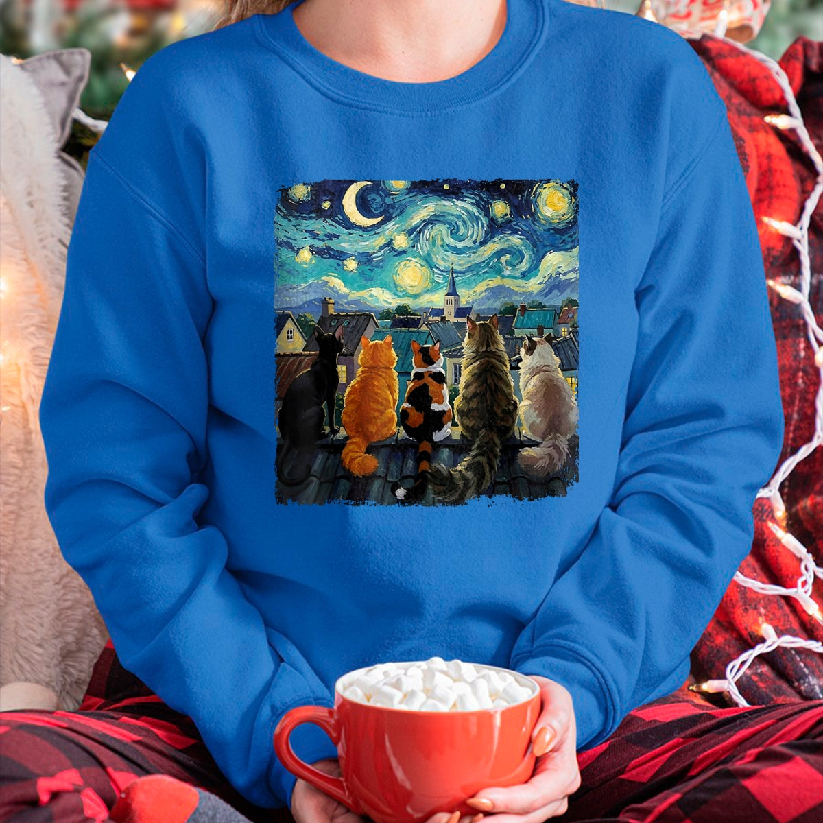 Cat Love Shirt, Funny Cat Lover Gift UnisexT-Shirt/Hoodie/Sweatshirt HLT00 - Funny Cat Starry Night Van Gogh Cats Rooftop Scene Feline T-Shirt, Women, Black, 3X-Large