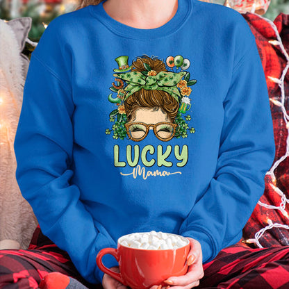 Gift for Mom Shirt, Funny Mom Unisex T-Shirt/Hoodie/Sweatshirt HLT00 - Lucky Mama St Patricks & Mothers Day Mom Messy Bun Irish T-Shirt