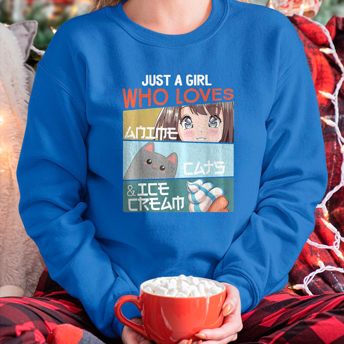 Cat Love Shirt, Funny Cat Lover Gift UnisexT-Shirt/Hoodie/Sweatshirt HLT00 - Just A Girl Who Loves Anime Cats Ice Cream Otaku Manga Lover T-Shirt, Women, Baby Blue, Large