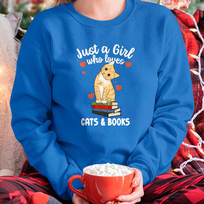 Cat Love Shirt, Funny Cat Lover Gift UnisexT-Shirt/Hoodie/Sweatshirt HLT00 - Just a Girl Who Loves Cats and Books Reading Cat & Bookworm T-Shirt