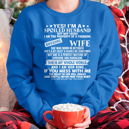 Best Wife Shirt, Wife and Husband Unisex T-Shirt/Hoodie/Sweatshirt HLT00 - I'm A Spoiled Husband Of A Freaking Awesome Wife OCTOBER Long Sleeve T-Shirt