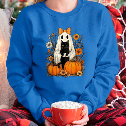 Cat Love Shirt, Funny Cat Lover Gift UnisexT-Shirt/Hoodie/Sweatshirt HLT00 - Vintage Halloween Ghost Holding Black Cat Groovy Floral T-Shirt, Women_s Plus, Black, 2X