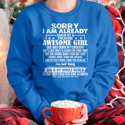 Best Wife Shirt, Wife and Husband Unisex T-Shirt/Hoodie/Sweatshirt HLT00 - Sorry I Am Already Taken By A Freaking Awesome Girl FEBRUARY T-Shirt