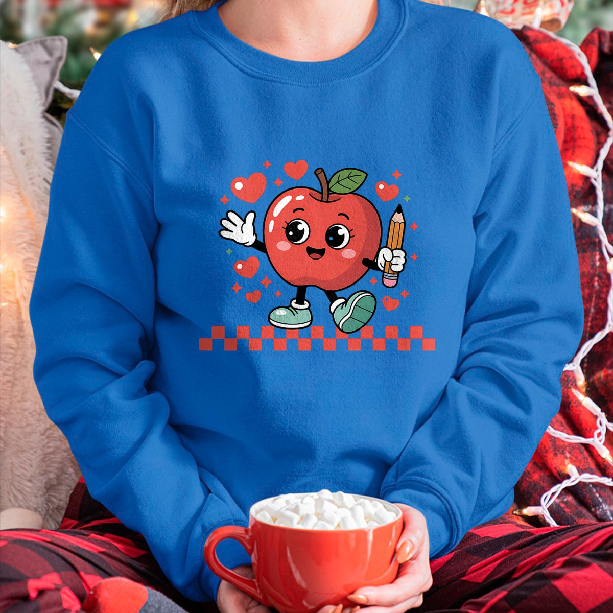 Best Teacher Shirt, Funny Teacher UnisexT-Shirt/Hoodie/Sweatshirt HLT00 - Cute Retro Checkered Apple with Face Teacher Pencil Trendy T-Shirt (2)