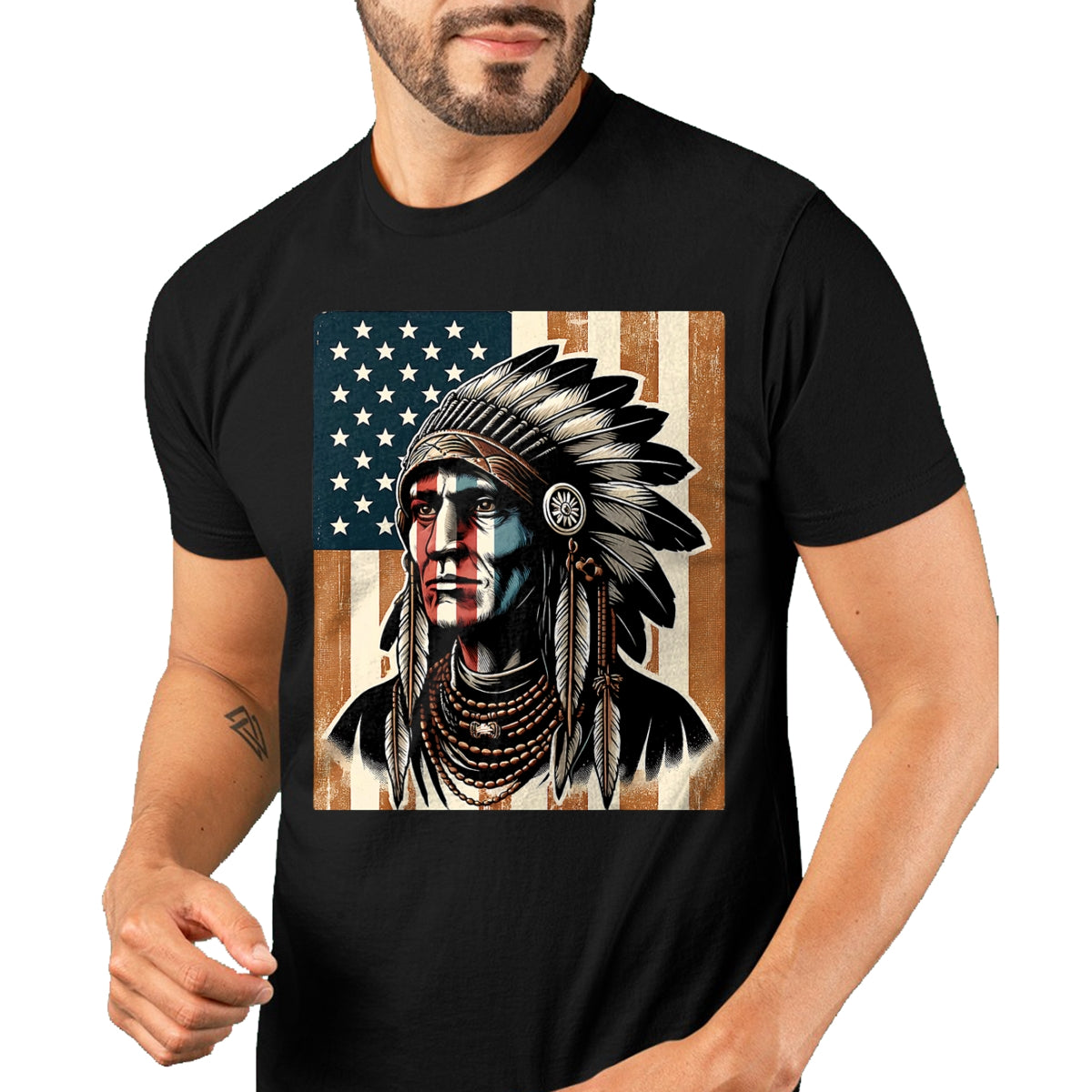 Native American T-Shirts, Vintage Native American Unisex T-Shirt/Hoodie/Sweatshirt HLT00 - Native American Indian Vintage Chief American USA Flag Retro T-Shirt (1)