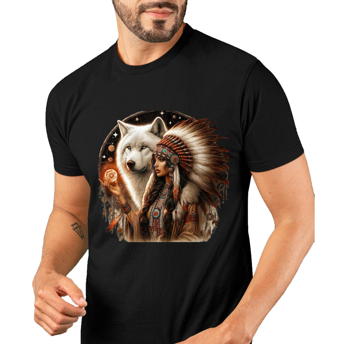 Native American T-Shirts, Vintage Native American Unisex T-Shirt/Hoodie/Sweatshirt HLT00 - Indian Native American Woman With White Wolf Vitage Gifts T-Shirt