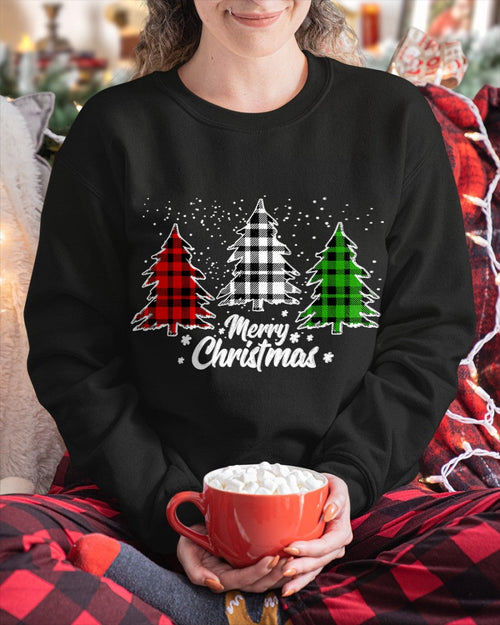 Merry Christmas Tree Xmas Buffalo Plaid Red White Green T-Shirt (SKU-MRCM-22) FMA