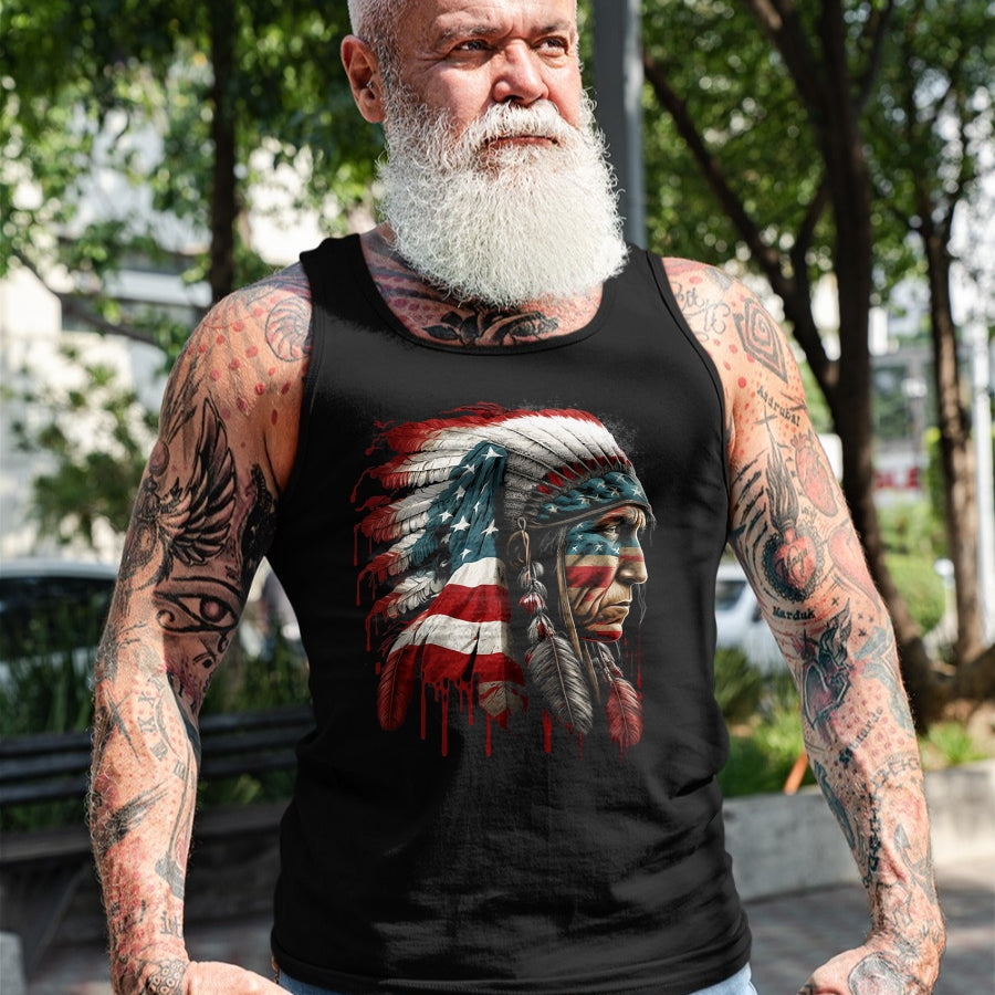 Native American T-Shirts, Vintage Native American Unisex T-Shirt/Hoodie/Sweatshirt HLT00 - Native American Indian Chief American USA Flag T-Shirt (2)