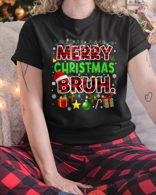 Merry Christmas Bruh Funny Red Plaid Teens Meme T-Shirt (SKU-MRCM-13) FMA