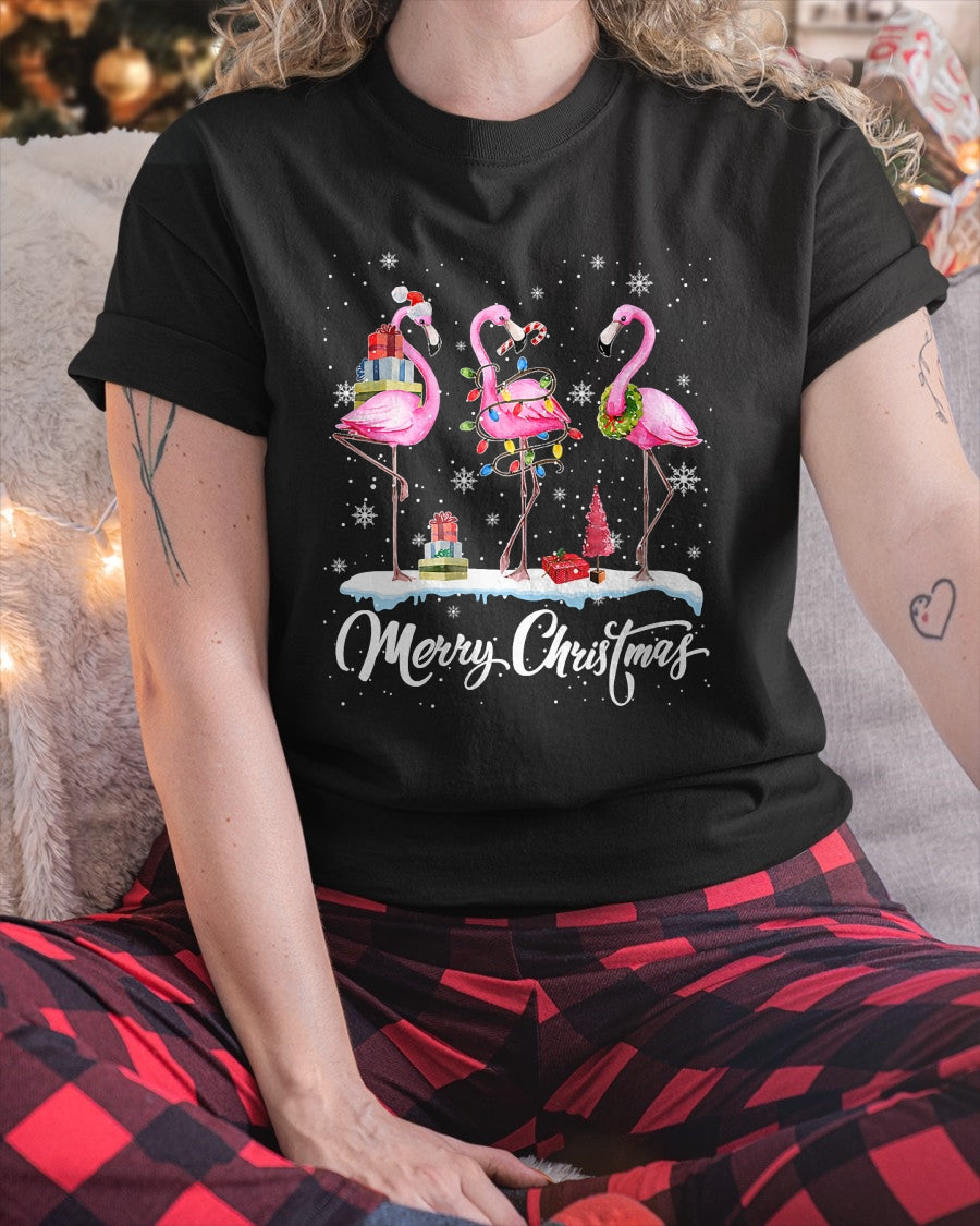 Merry Christmas Hat Santa Flamingo Light Christmas Snow Xmas T-Shirt (SKU-MRCM-19) FMA