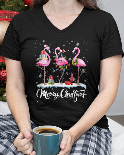 Merry Christmas Hat Santa Flamingo Light Christmas Snow Xmas T-Shirt (SKU-MRCM-19) FMA