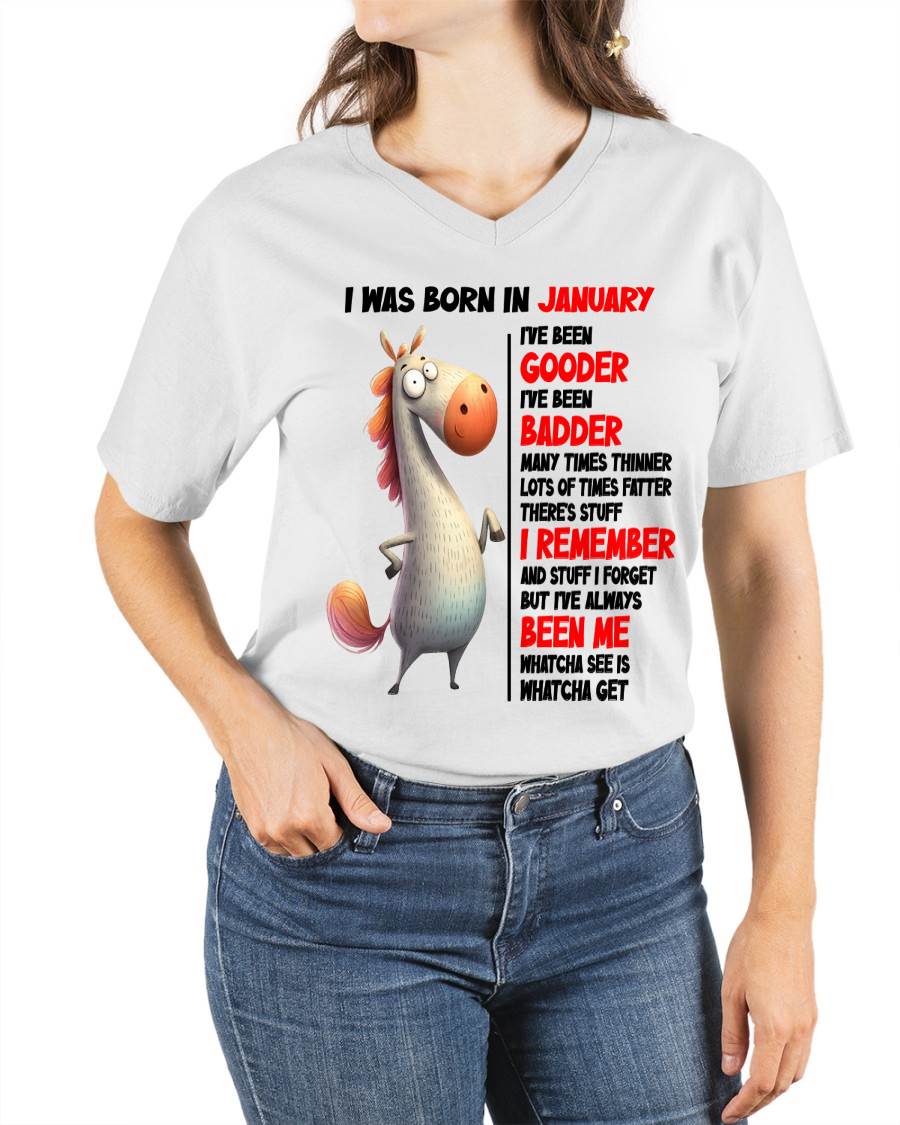 BORN IN JANUARY FUNNY SHIRT – GOODER BADDER HUMOR BIRTHDAY TEE - FOR WOMEN - TLEE01 (SKU2603-270-01)