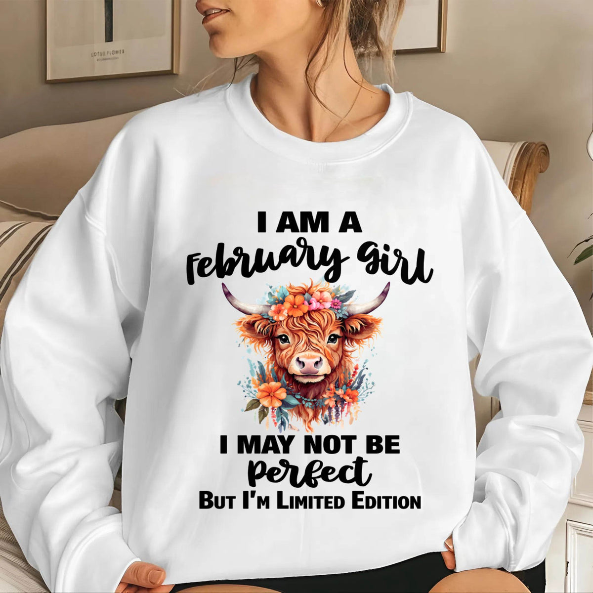 FEBRUARY GIRL FLORAL HIGHLAND COW TEE - FOR WOMEN - TLEE02 (SKU2607-278-02)