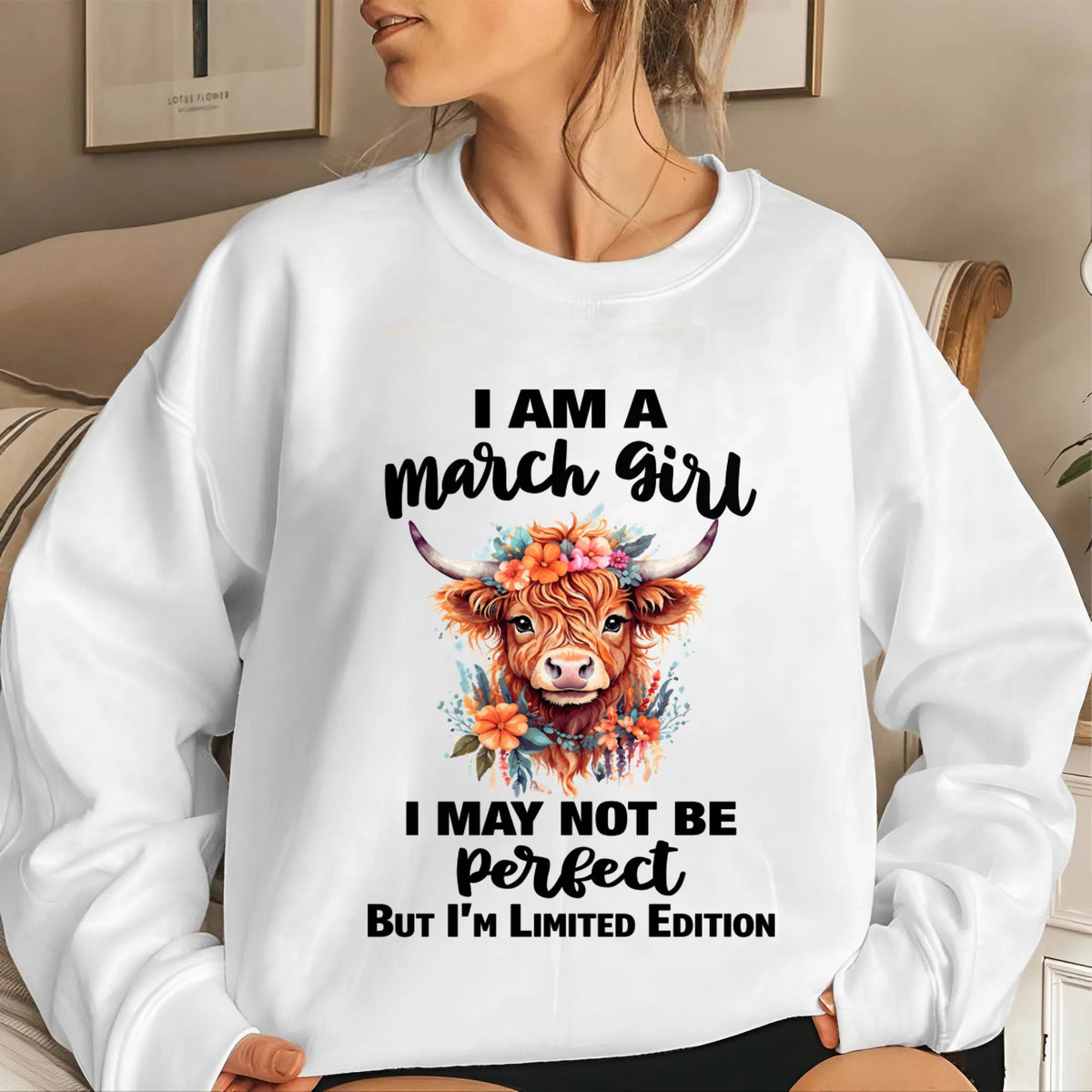 MARCH GIRL FLORAL HIGHLAND COW TEE - FOR WOMEN - TLEE03 (SKU2607-278-03)