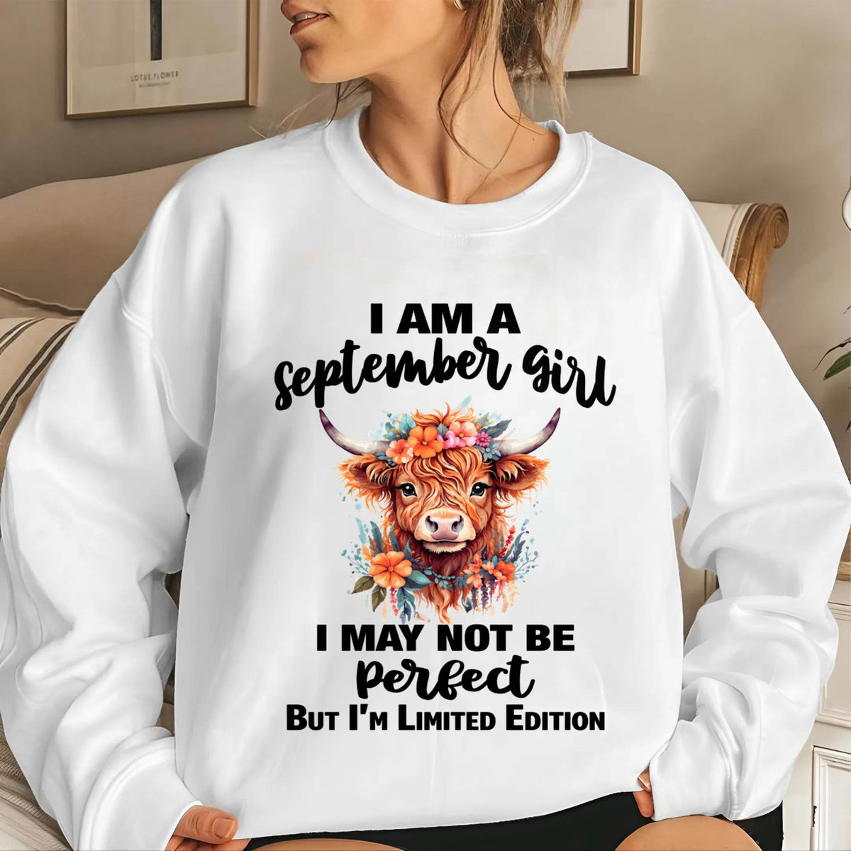 SEPTEMBER GIRL FLORAL HIGHLAND COW TEE - FOR WOMEN - TLEE09 (SKU2607-278-09)