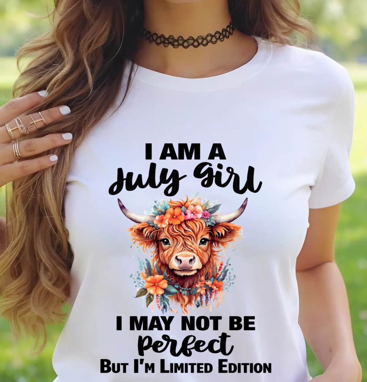 JULY GIRL FLORAL HIGHLAND COW TEE - FOR WOMEN - TLEE07 (SKU2607-278-07)