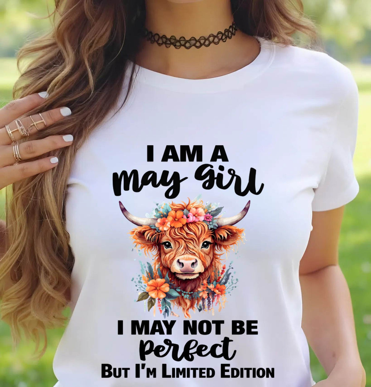 MAY GIRL FLORAL HIGHLAND COW TEE - FOR WOMEN - TLEE05 (SKU2607-278-05)