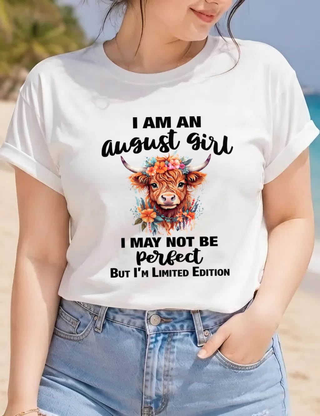 AUGUST GIRL FLORAL HIGHLAND COW TEE - FOR WOMEN - TLEE08 (SKU2607-278-08)