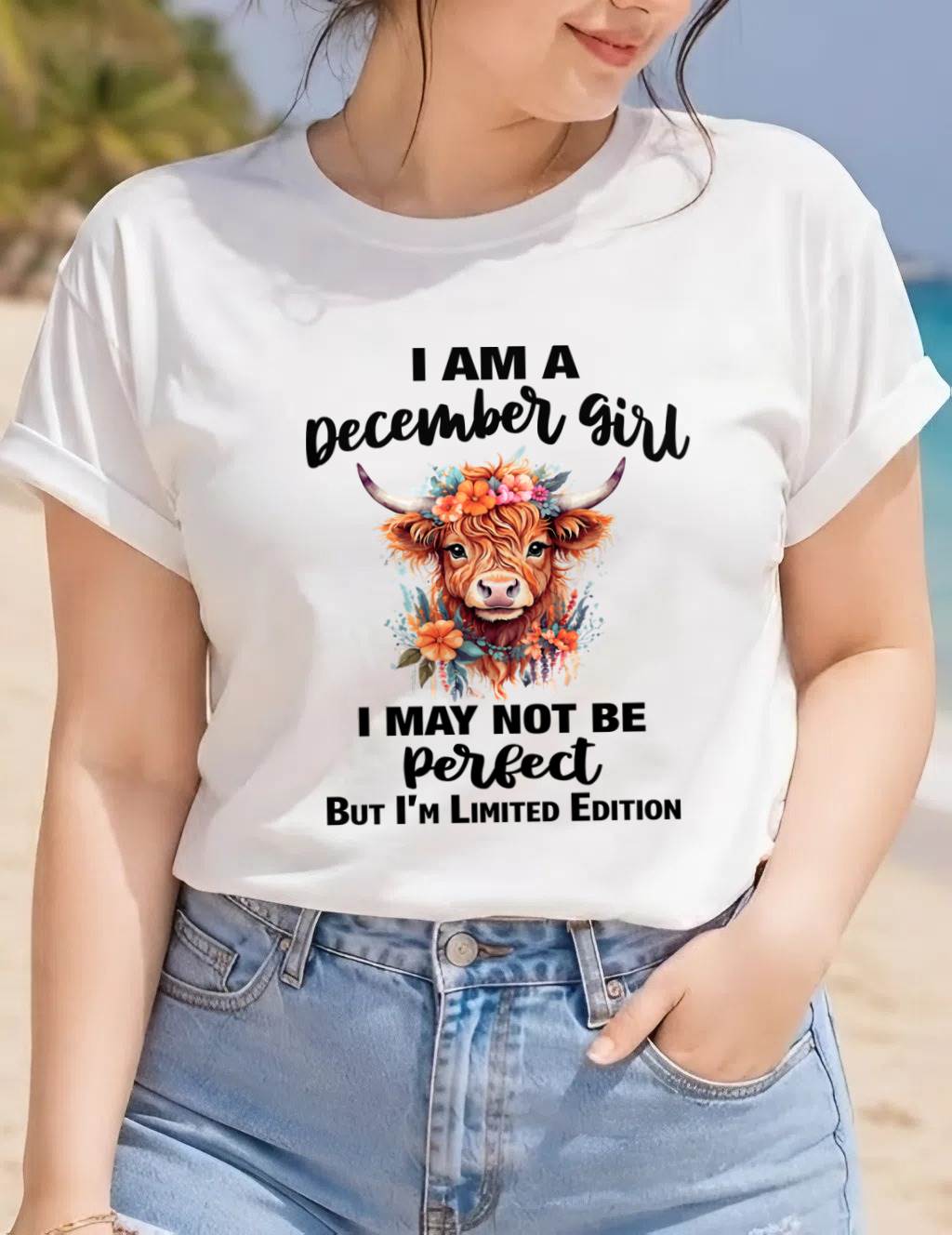 DECEMBER GIRL FLORAL HIGHLAND COW TEE - FOR WOMEN - TLEE12 (SKU2607-278-12)