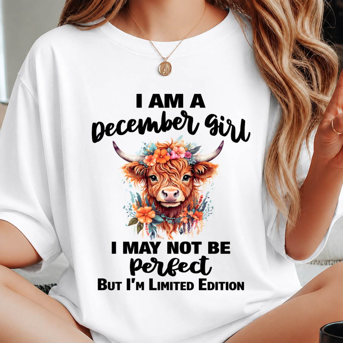 DECEMBER GIRL FLORAL HIGHLAND COW TEE - FOR WOMEN - TLEE12 (SKU2607-278-12)