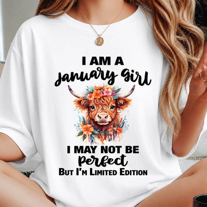 JANUARY GIRL FLORAL HIGHLAND COW TEE - FOR WOMEN - TLEE01 (SKU2607-278-01)