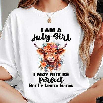 JULY GIRL FLORAL HIGHLAND COW TEE - FOR WOMEN - TLEE07 (SKU2607-278-07)