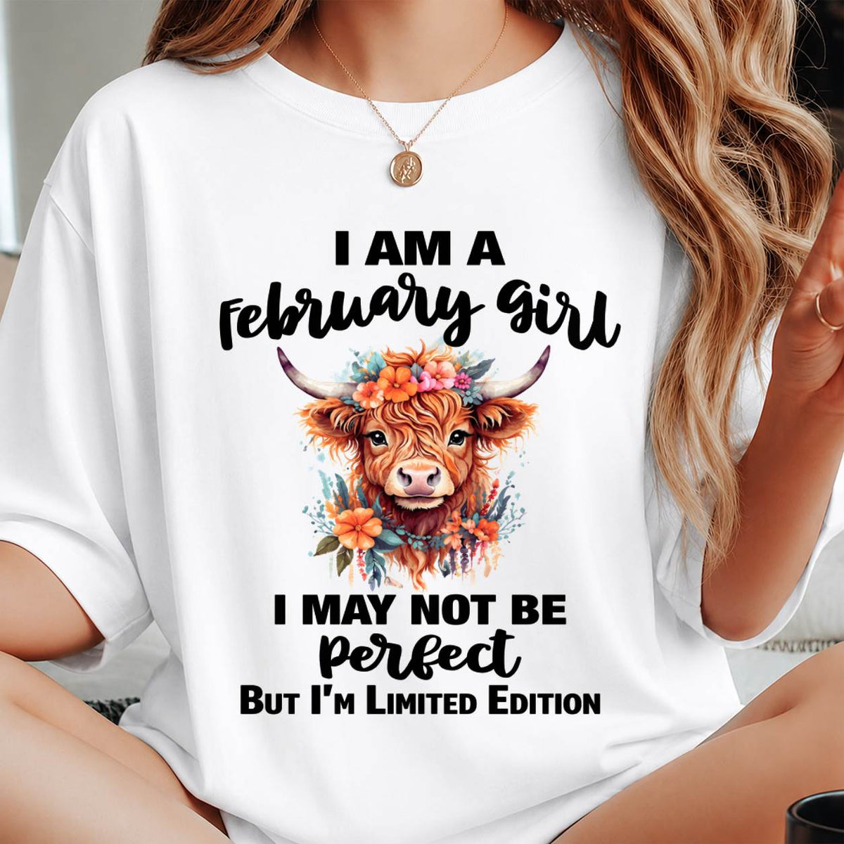 FEBRUARY GIRL FLORAL HIGHLAND COW TEE - FOR WOMEN - TLEE02 (SKU2607-278-02)