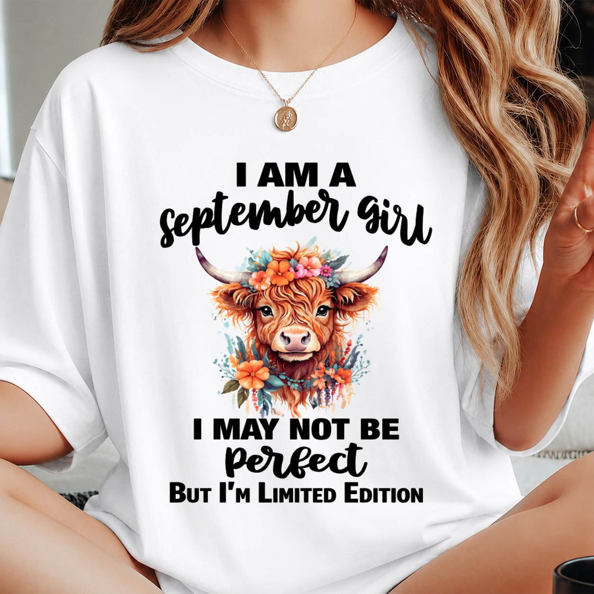 SEPTEMBER GIRL FLORAL HIGHLAND COW TEE - FOR WOMEN - TLEE09 (SKU2607-278-09)
