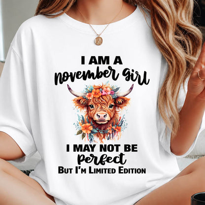 NOVEMBER GIRL FLORAL HIGHLAND COW TEE - FOR WOMEN - TLEE11 (SKU2607-278-11)